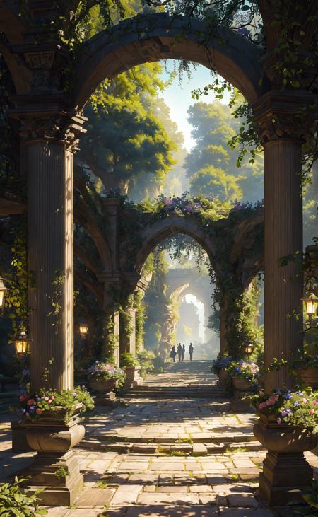 68201-1641417607-(masterpiece, best quality, highly detailed, intricate), a walkway in a garden with lots of green plants and trees on either sid.png